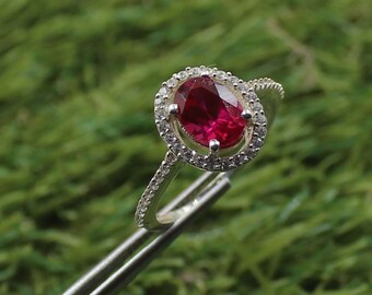 Handmade Lab Ruby Ring, 925 Sterling Silver, Cubic Zirconia Halo