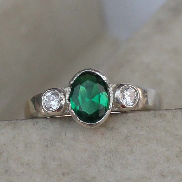 Emerald Ring, Bezel Set, 925 Sterling Silver, Handmade
