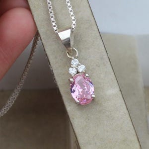 Pink Sapphire Pendant, Oval Cut Silver Necklace, Wedding Gift