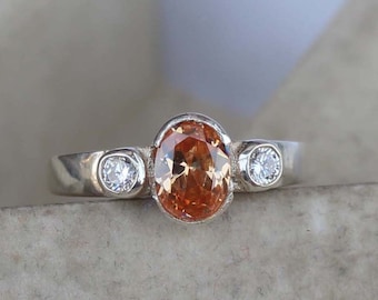 Handmade Oval Morganite Ring, Sterling Silver, Peach Gemstone