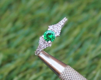 Emerald Silver Ring, Round Cut Gemstone Statement Ring