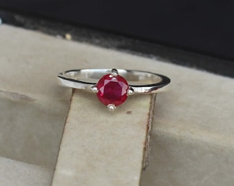 Lab Ruby Sterling Silver Ring, Round Gemstone Ring
