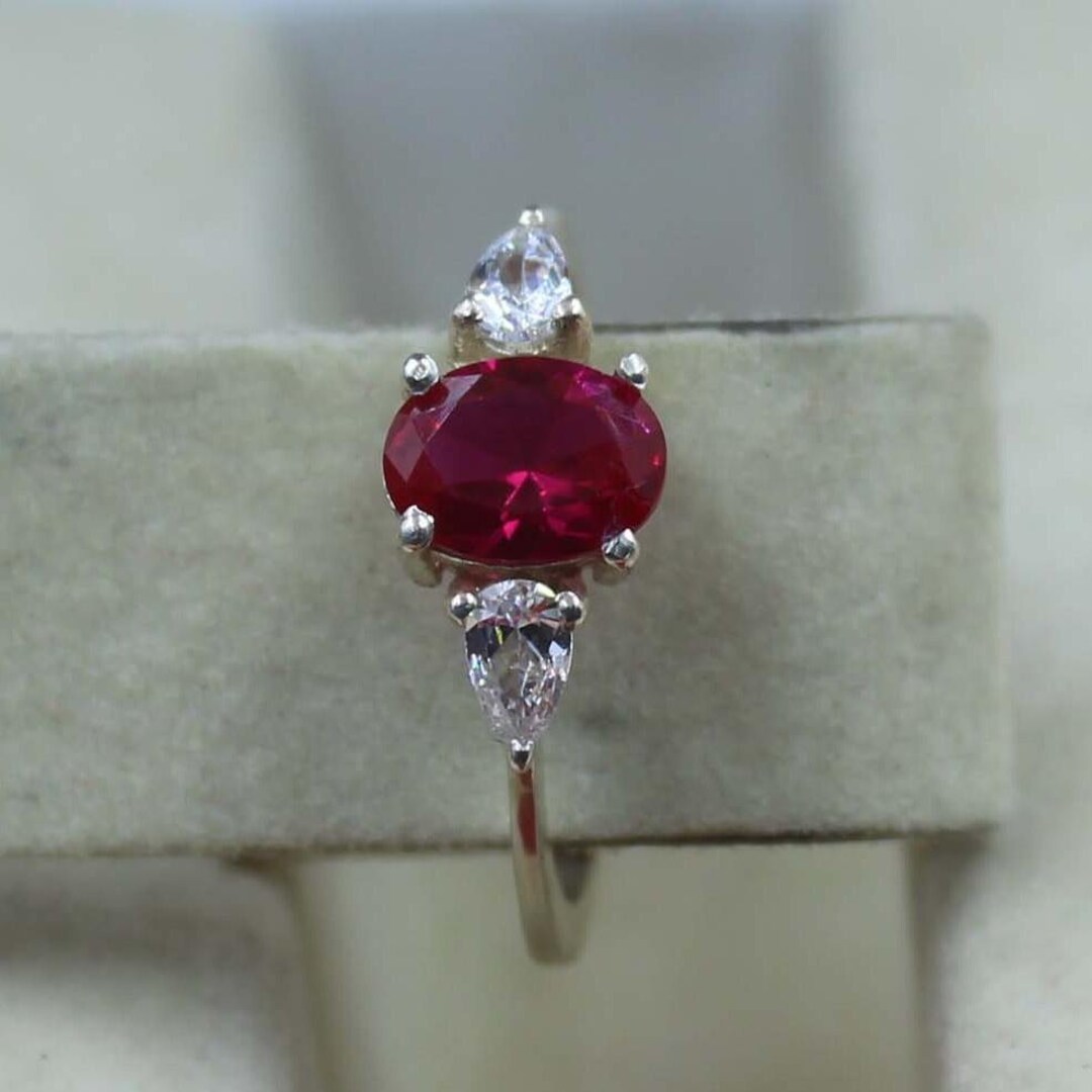 Oval Lab Ruby Oval Lab Ruby Ring, Sterling Silver, CZ Accents - Etsy