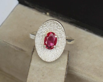 Oval Lab Ruby Ring, 925 Sterling Silver Engagement Promise Ring