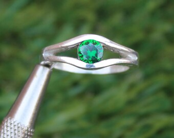 Round Lab Emerald Silver Ring, Statement Wedding Ring