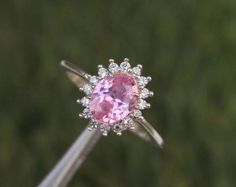 Oval Lab Pink Sapphire Ring, Cubic Zirconia Halo, 925 Sterling Silver
