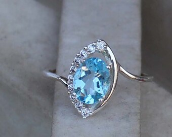 Handmade Oval Swiss Blue Topaz Ring, Sterling Silver November Birthstone