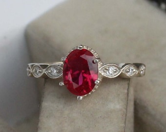 Oval Ruby Sterling Silver Ring – Gemstone Engagement Ring, July Birthstone
