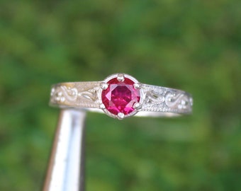 Round Ruby Ring, Sterling Silver Gemstone, July Birthstone