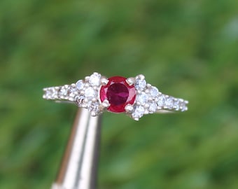 Anillo solitario de rubí en plata de ley, regalo de aniversario con circonita cúbica