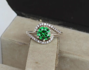Round Emerald Ring: 925 Sterling Silver, CZ Accents