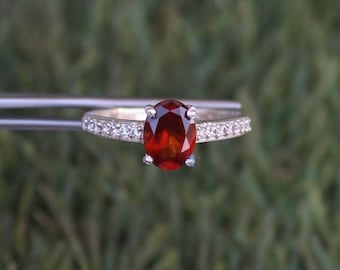 Natural Hessonite Garnet Ring, 925 Sterling Silver & Zirconia