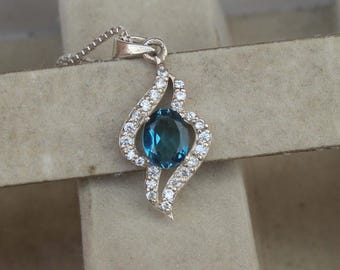 London Blue Topaz Sterling Silver Pendant with Cubic Zirconia
