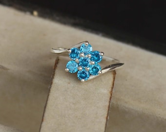 Swiss Blue Topaz Flower Ring, Sterling Silver, Handmade