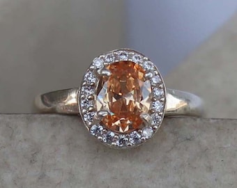 Handgjord persika Morganitring – Oval stiftset, CZ-detaljer