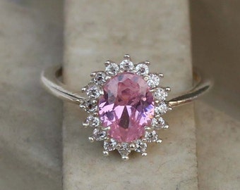 Oval Lab Pink Sapphire Ring, Sterling Silver, CZ Halo