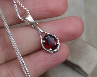 Handmade Red Garnet Pendant Necklace: Oval Stone, Silver Jewelry