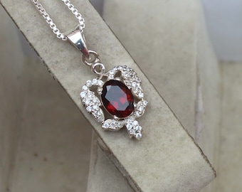 Red Garnet Pendant, Oval Gemstone, 925 Sterling Silver, Handmade Jewelry