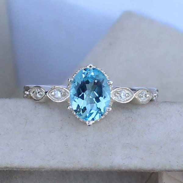 Swiss Blue Topaz, Wedding Ring, Women's Gift Ring, 925 Sterling Silver, Halo Ring, Engagement Ring, December Birthstone, Statement Ring