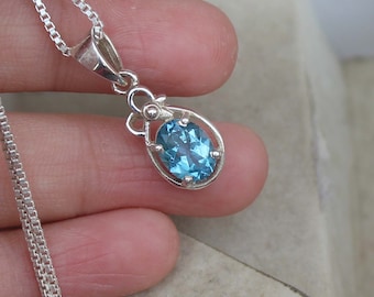 Swiss Blue Topaz Pendant, Sterling Silver Handmade Necklace (Without Chain)