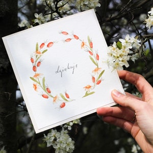 Carte peinte à la main, Carte aquarelle, Aquarelles, Fleurs, Carte de remerciement, Merci