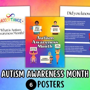 Puede incluir: Seis carteles coloridos con ilustraciones y texto sobre el Mes de la Concientización sobre el Autismo. Los carteles presentan el texto "Mes de la Concientización sobre el Autismo", "¿Qué es el Mes de la Concientización sobre el Autismo?", "¿Sabías que?", "Ilumínalo de azul el 2 de abril", "Diferente, no menos", "Ve al autista, no la etiqueta", "Celebra la neurodiversidad", y "Abraza el espectro".