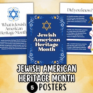 May include: A set of five posters for Jewish American Heritage Month. The posters feature text and graphics, including the Star of David. The color scheme includes blue, white, and yellow. One poster asks "Did you know?" and another asks "What is Jewish American Heritage Month?"