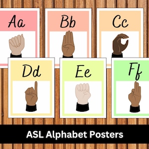 Pósteres del alfabeto en lenguaje de señas, recursos para el aula de aprendizaje de ASL, lenguaje de señas americano, tablón de anuncios, escuela inclusiva, herramientas no verbales