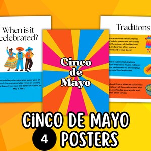 Archivos de carteles informativos del Cinco de Mayo (juego de 4), decoraciones de pared para el aula, materiales para tablones de anuncios de primavera, festividades de la historia mexicana