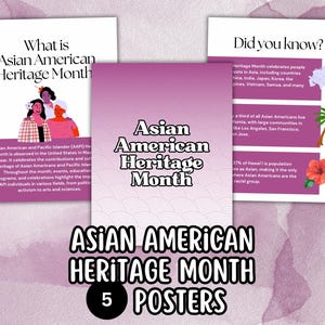 May include: Five posters celebrating Asian American Heritage Month. The posters are pink with white text and illustrations. The text on the posters includes "What is Asian American Heritage Month?" and "Did you know?"  The posters are decorated with a wave pattern.