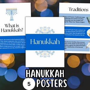 May include: A set of five Hanukkah posters with information about the Jewish holiday. The posters feature text and illustrations, including a menorah, traditional foods, and the words "What is Hanukkah?" and "Traditions."