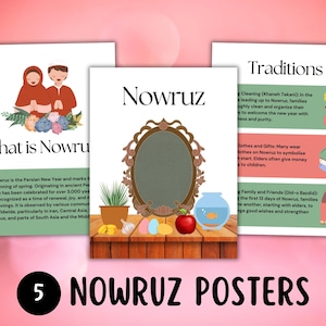 Nouruz druckbare Poster (5er Set), persische Neujahrsinformationen, muslimische Kulturelle Feiertage Klassenzimmer-Wanddekoration, Frühlings-Bulletin-Board-Kit