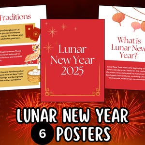 Cartazes para impressão do Ano Novo Lunar (conjunto de 6), decorações do Ano Novo Chinês 2025, Ano da Cobra 2025, cartazes de quadro de avisos da primavera, Tet