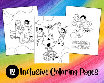 May include: A set of 12 black and white colouring pages featuring diverse children playing together. The pages include children in wheelchairs, using crutches, and playing sports. The text "Everyone Can Play" is included on one of the pages.