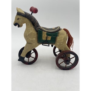 Vintage Wooden Horse Tricycle With Hand-Painted Details & Yarn Tail
