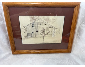 Original signierte Bleistiftskizze von Joanne Johnson Old Barn