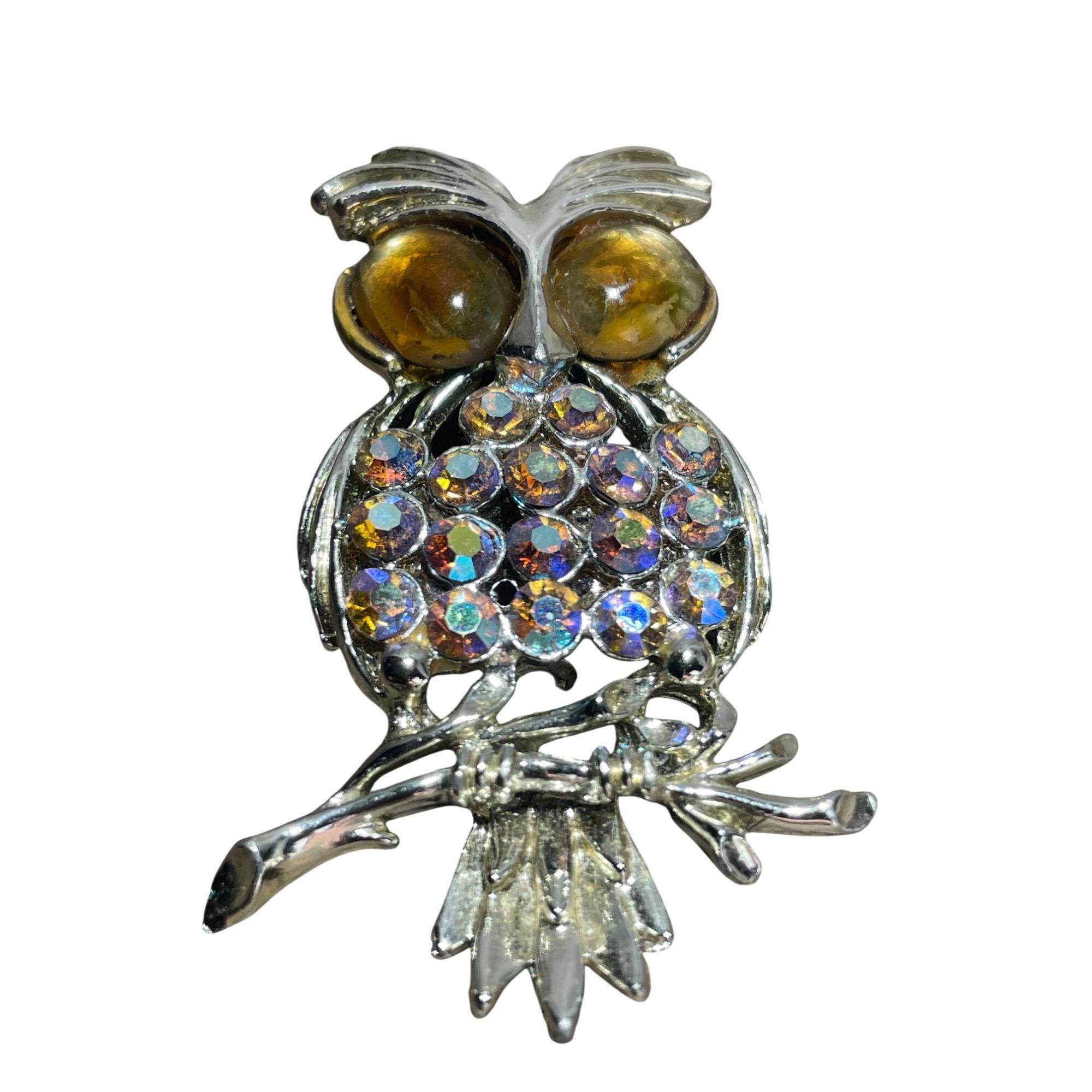 Owl Silvertone Vintage Brooch Aurora Boreialis Glass Eyes Iridescent Rhinestones 2"
