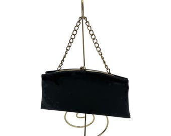 Vintage zwart lakleren clutch portemonnee gouden ketting handvat & Kiss Lock sluiting
