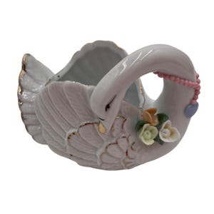Vintage Ceramic Swan Planter With Pink Beaded Necklace & Floral Accents