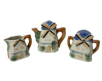 Juego de tetera y azucarero vintage con forma de molino de viento, fabricado en Japón.