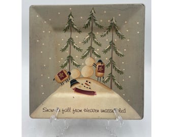 Handgeschilderd vierkant vakantiebord van Karen Schwarz Snowman & Trees Design