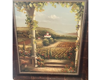 Ręcznie malowany olejem pejzaż winnicy z ozdobną ramą, podpisany przez artystę