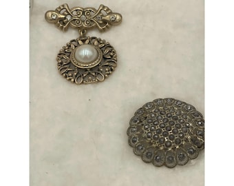 Vintage Gold-Tone Filigree Brooch Pearl Rhinestone Victorian Cut Steel Set of 2