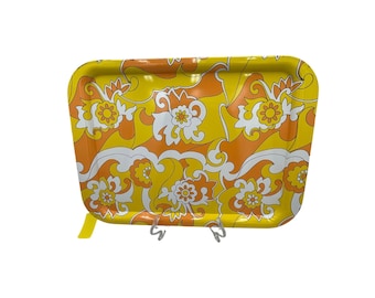 Vintage Yellow & Orange Paisley Groovey Floral Retro Metal Serving Tray 17.5"x12.5"