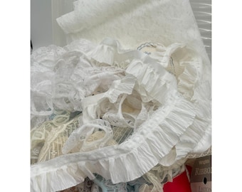 Large Lot of Lace Trim Ribbon Red White Beige Fabric Netting Lace pieces