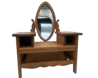 Pine Wood Vanity Table Mirror & Storage Drawers Vintage Handmade Doll Size