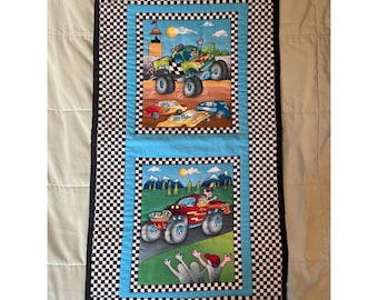 Monster Truck Kids Quilted Wall Hanging With Checkered Border - Handmade Reversible
