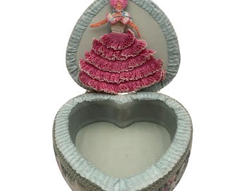 Heart-Shaped Floral Fabric Jewelry Box With Crocheted Lady Pink & Mint Green 7"