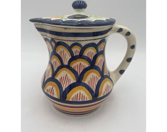 Hand-Painted Ceramic Pitcher With Lid Colorful Floral & Scallop Design 6" Tall
