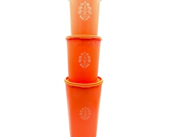 Vintage Tupperware Orange Canisters Lids Set Of 3 Nesting Floral Design Kitchen